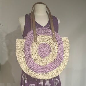 Large Boho Beach Woven Straw Tote Bag Circular Design